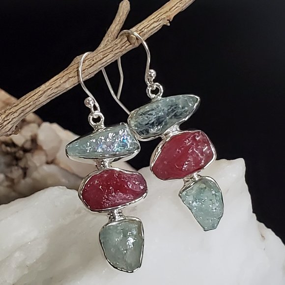 Solid Sterling 925 Earrings Raw Ruby Aquamarine Gemstone - Picture 1 of 9